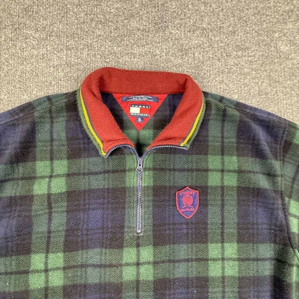 Vintage Tommy Hilfiger Sweater Mens 2XL Green Plaid Fleece 1/4 Zip Pullover 90s - Picture 4 of 10